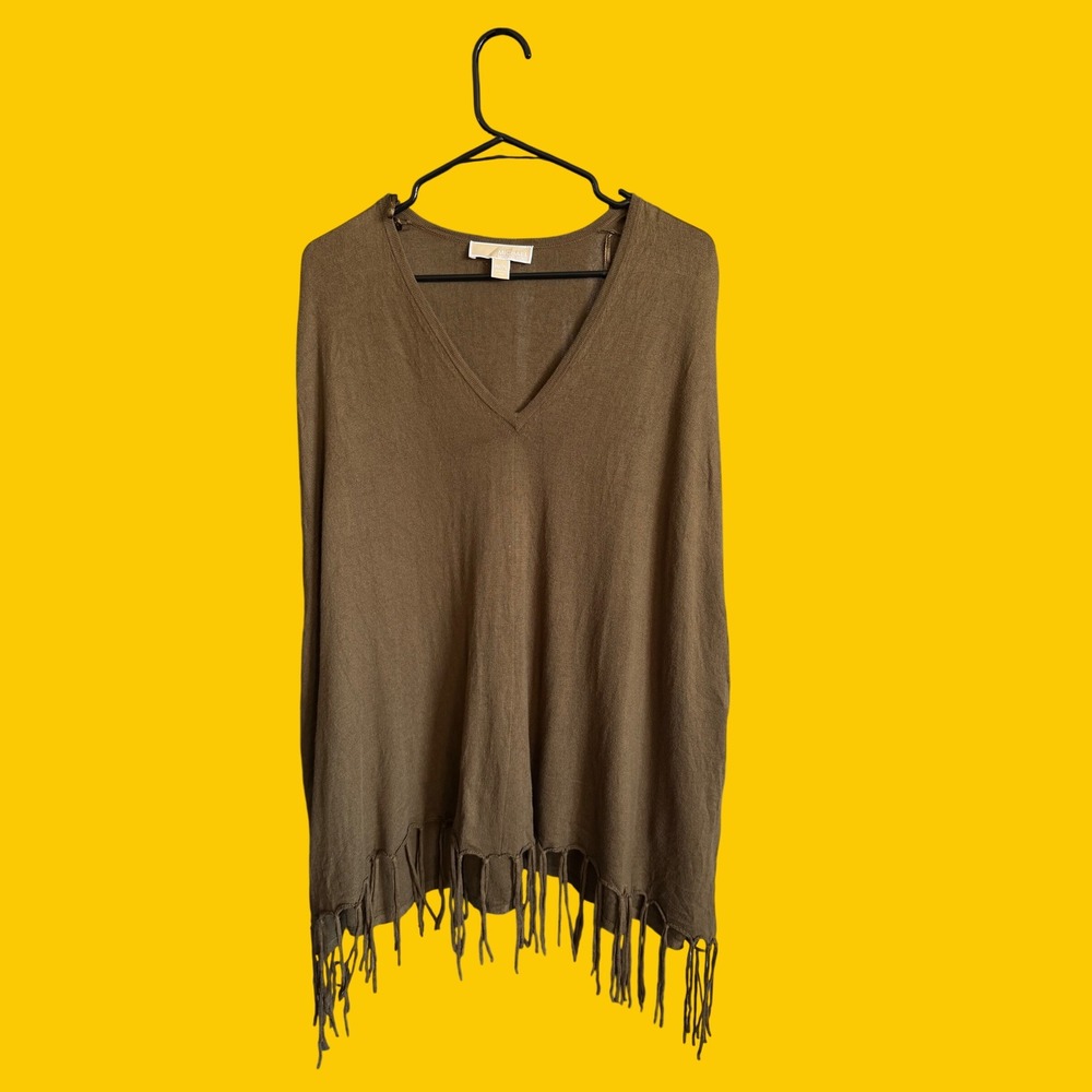 Michael Kors Olive Green V-Neck Fringe Knit Poncho‎ Sweater PM/PL